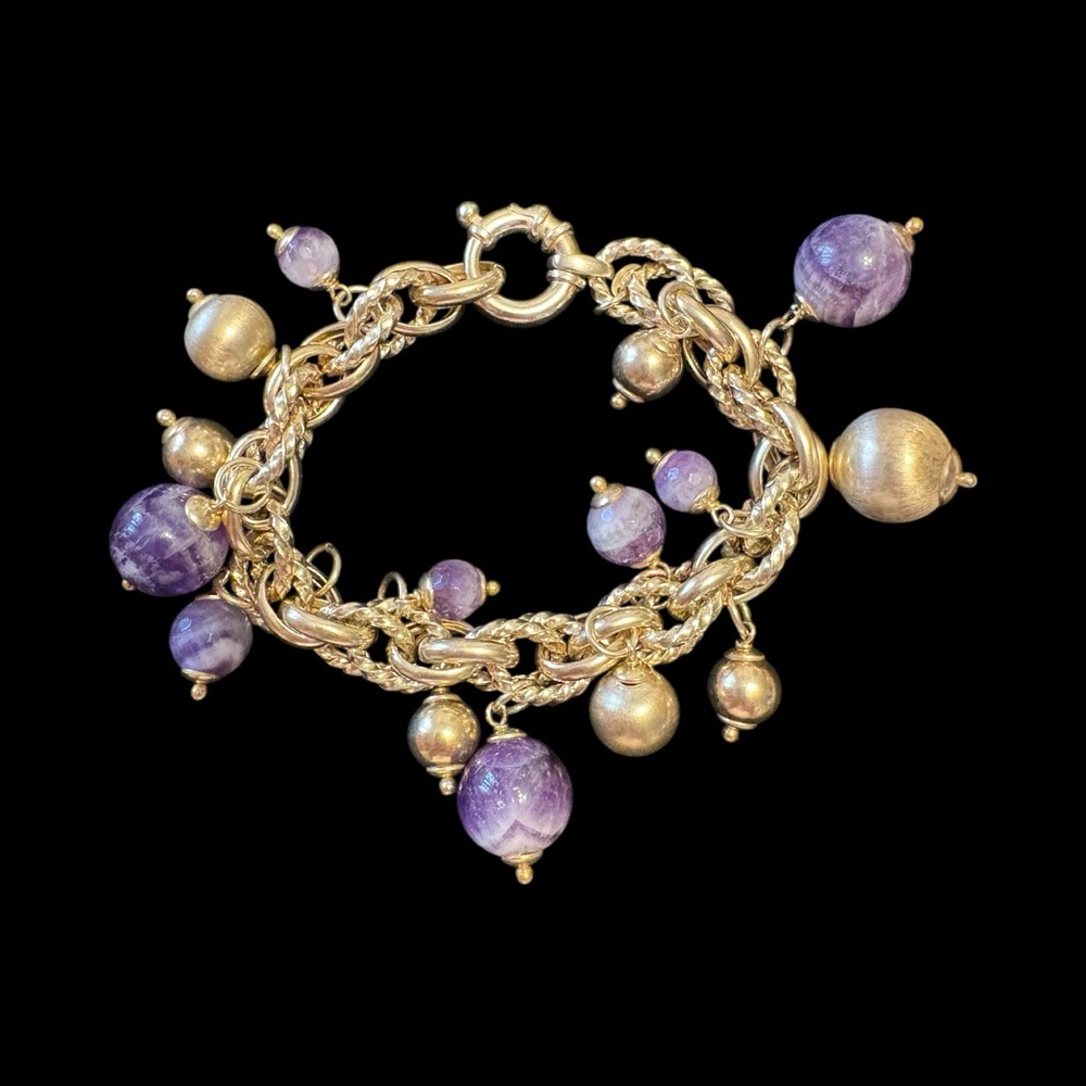 Veronese Gold Vermiel on Sterling Silver Amethyst 8” Charm Bracelet